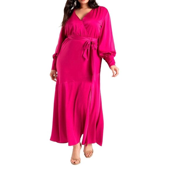 Eloquii Magenta satin wrap style maxi dress new 18 - Picture 1 of 10